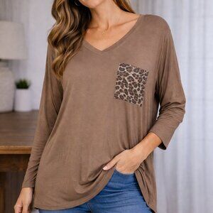 Zenana Brown V-Neck Top with Leopard Pocket